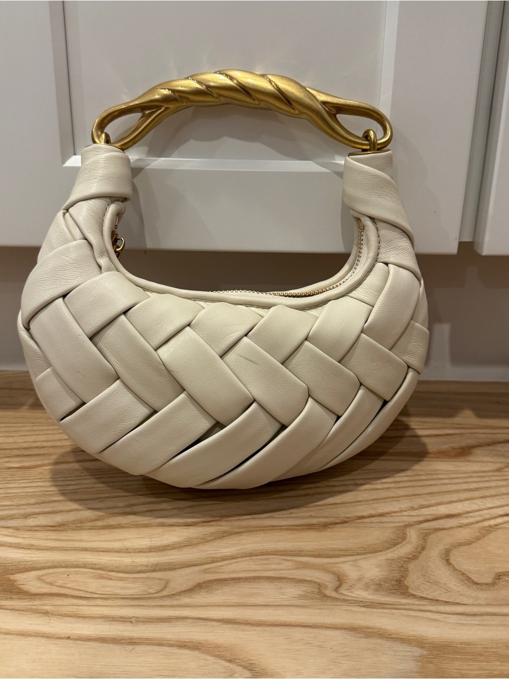 JE Pei Braided Crescent Bag in Cream with Gold Handle